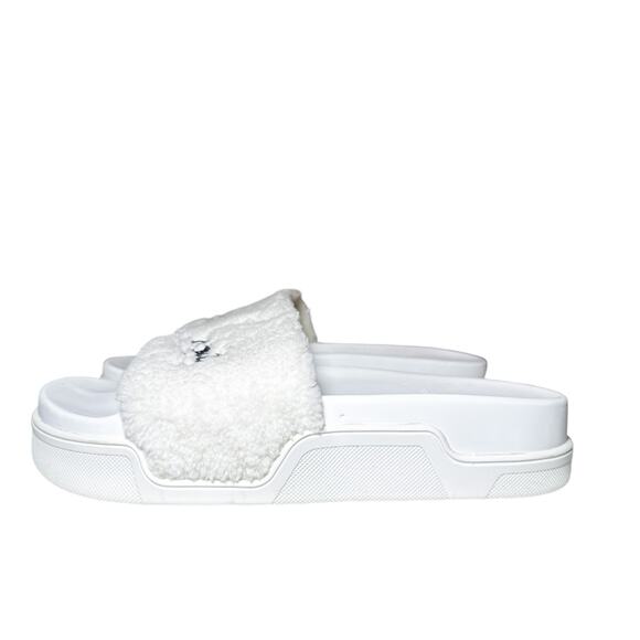 Christian Louboutin White Shearling Logo Slides Flatform Sandals Size 39.5 - Picture 2 of 12